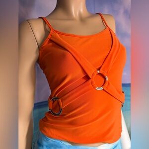 Tank top with decorative straps and metal ring